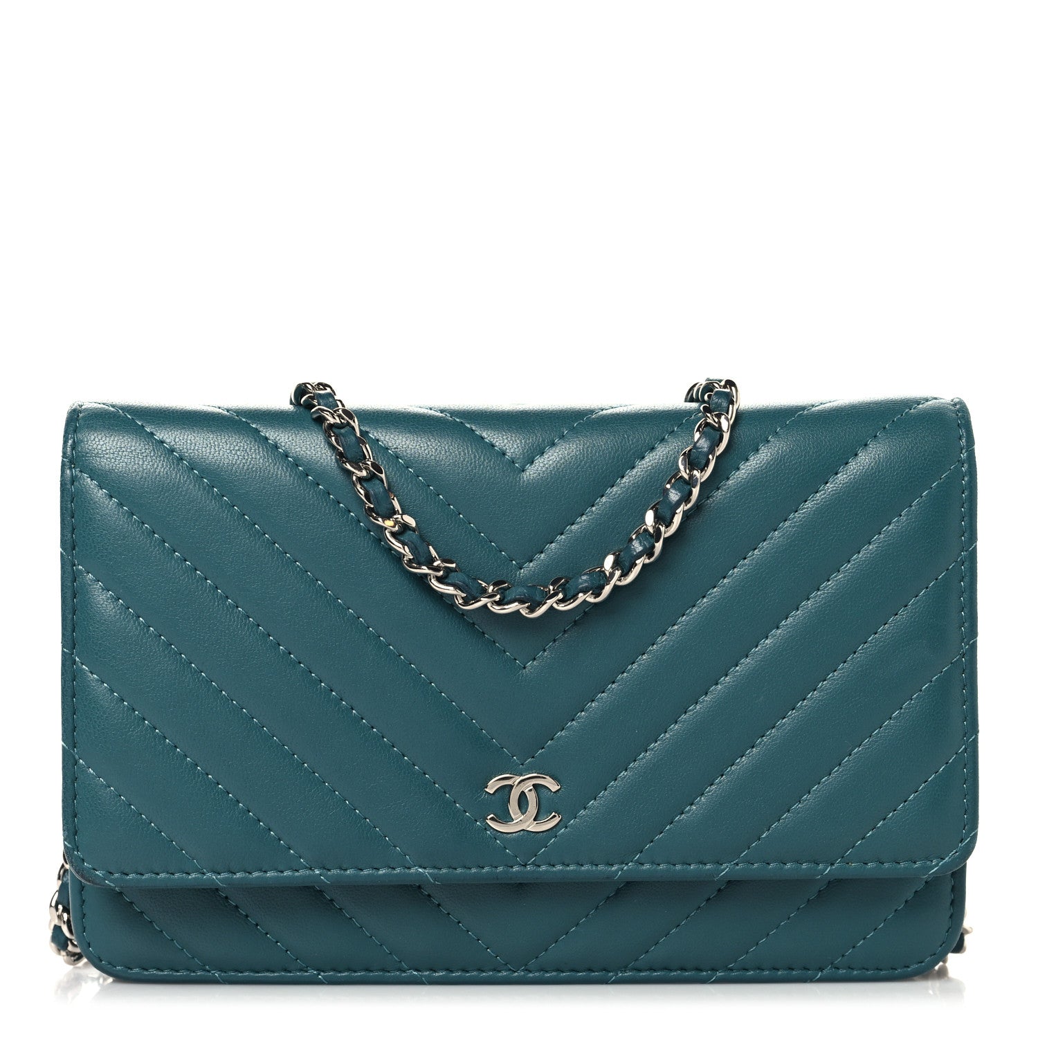 Lambskin Chevron Quilted Wallet On Chain WOC Turquoise
