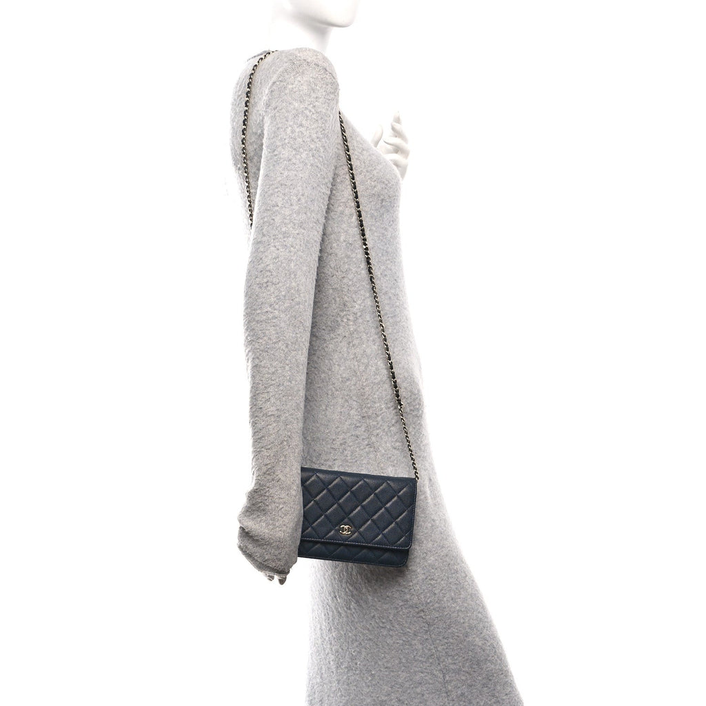 Caviar Quilted Wallet on Chain WOC Navy Blue