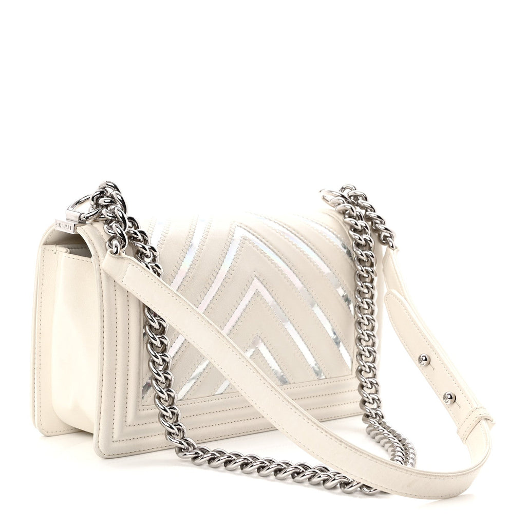 Lambskin Iridescent PVC Chevron Quilted Medium Boy Flap White Silver