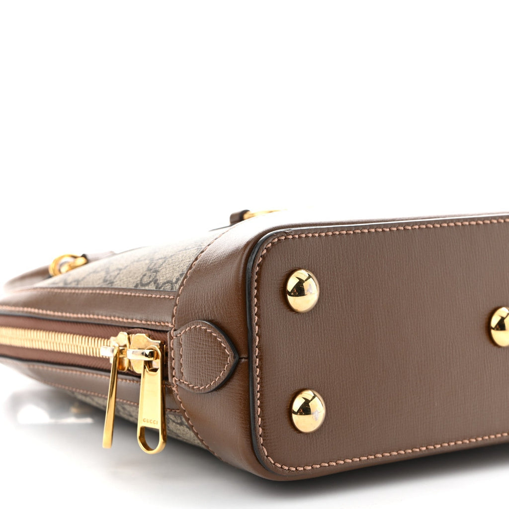 GG Supreme Monogram Azalea Calfskin Small Horsebit 1955 Top Handle Bag Beige Ebony Brown Sugar