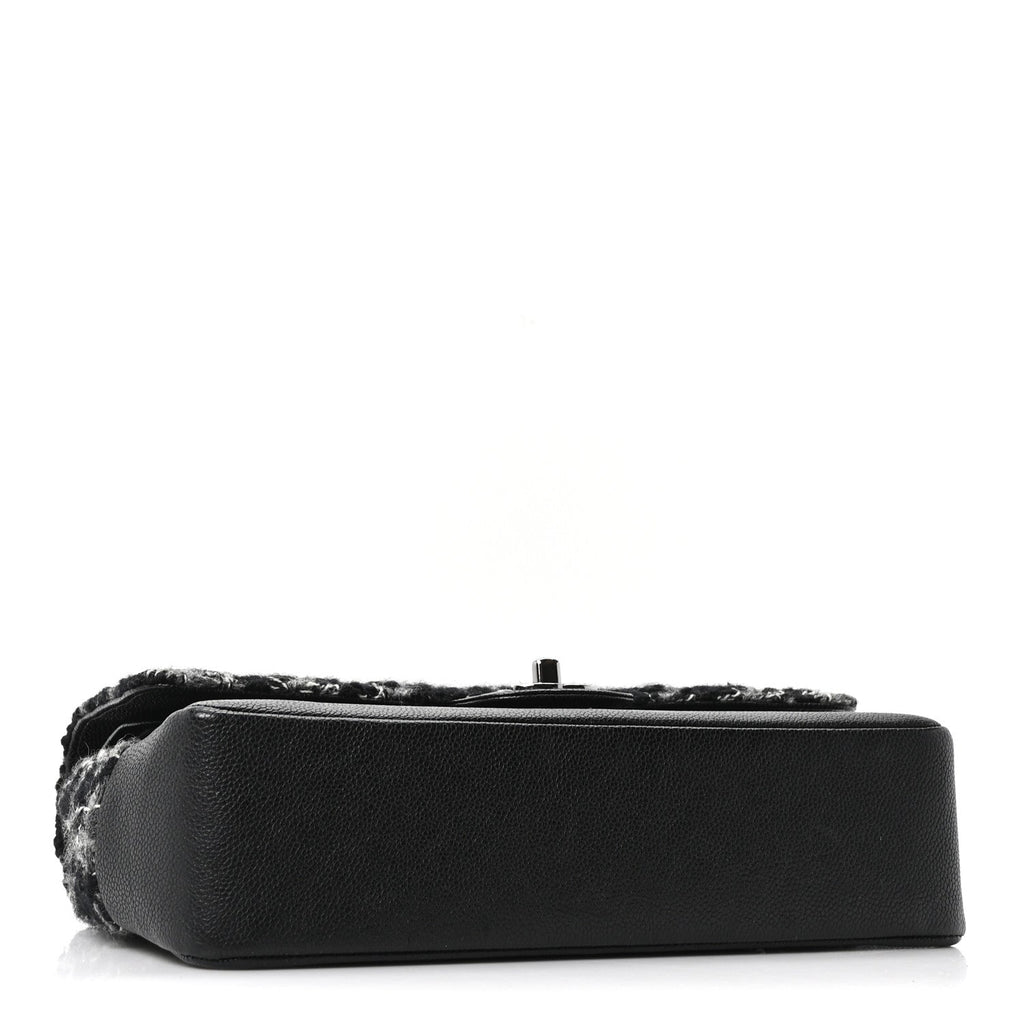 Caviar Tweed Houndstooth Quilted Medium Double Flap Black Grey