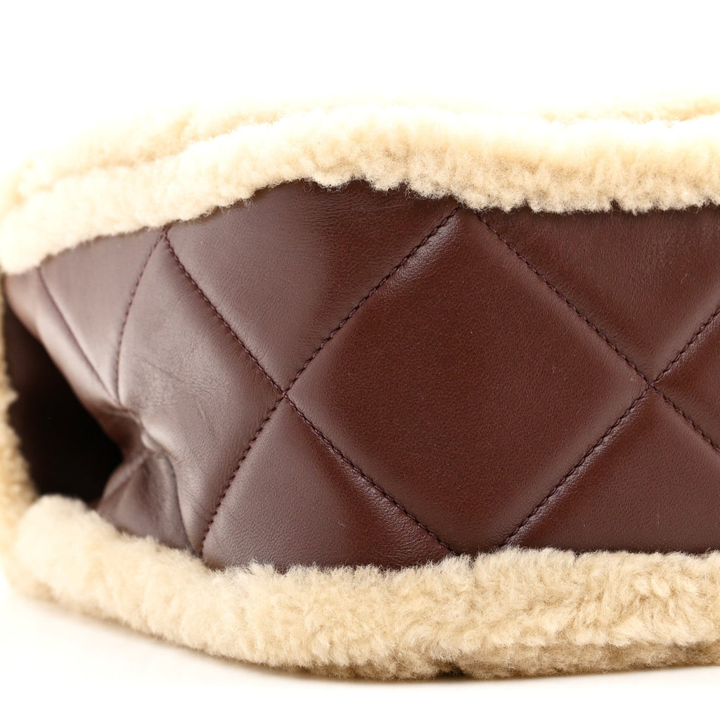 Shearling Lambskin Quilted Large Furry Coco Flap Dark Brown Beige