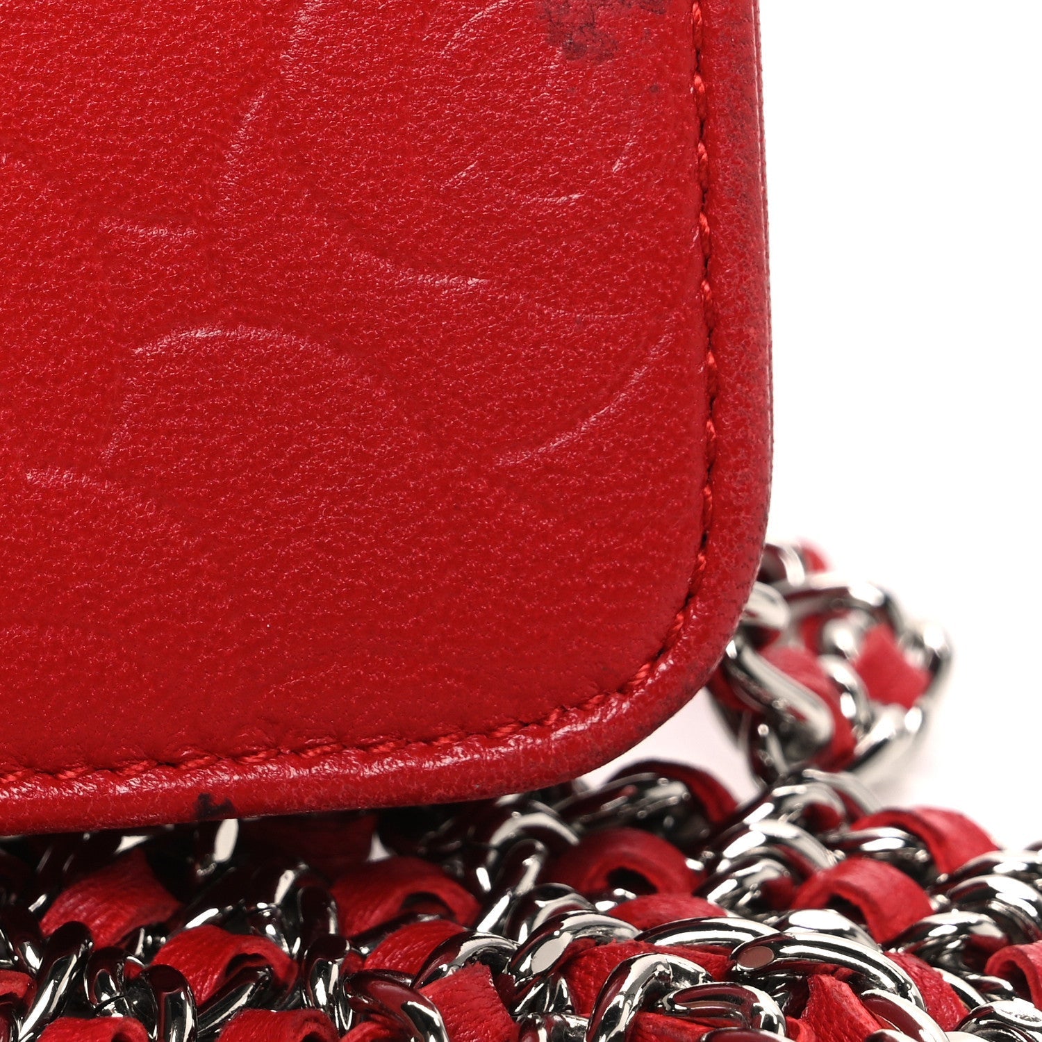 Lambskin Camellia Embossed Wallet on Chain WOC Red
