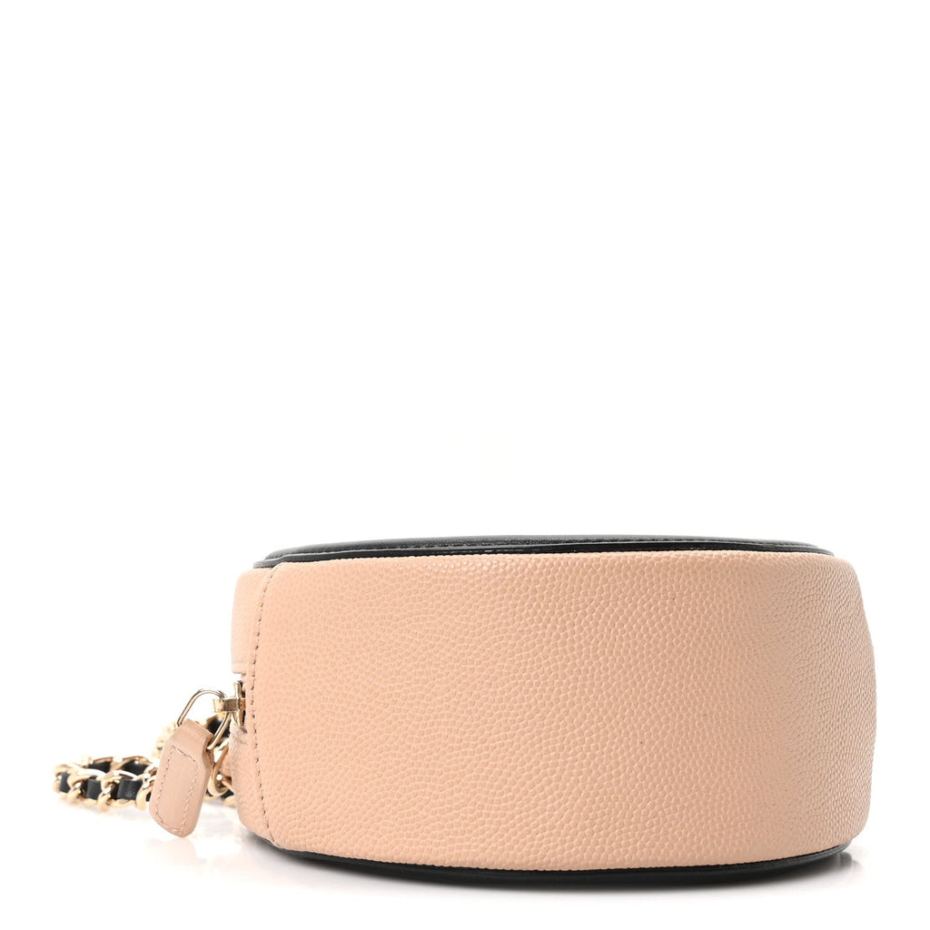 Caviar Quilted Round Filigree Crossbody Beige Black
