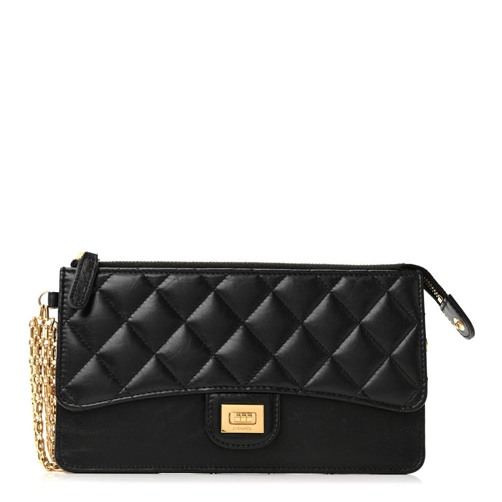 Aged Calfskin Quilted 2.55 Reissue Pouch With Chain Handle Black