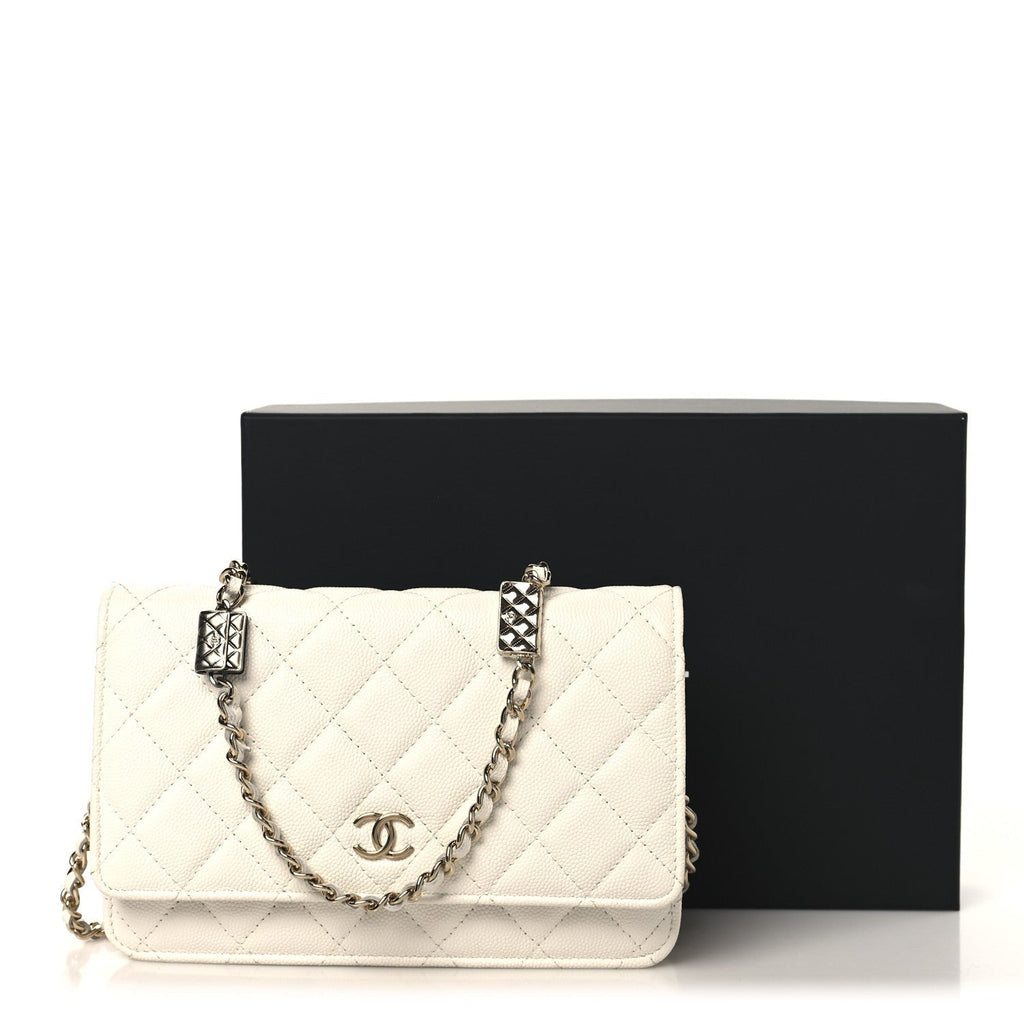 Shiny Caviar Quilted Flap Charm Wallet On Chain WOC White