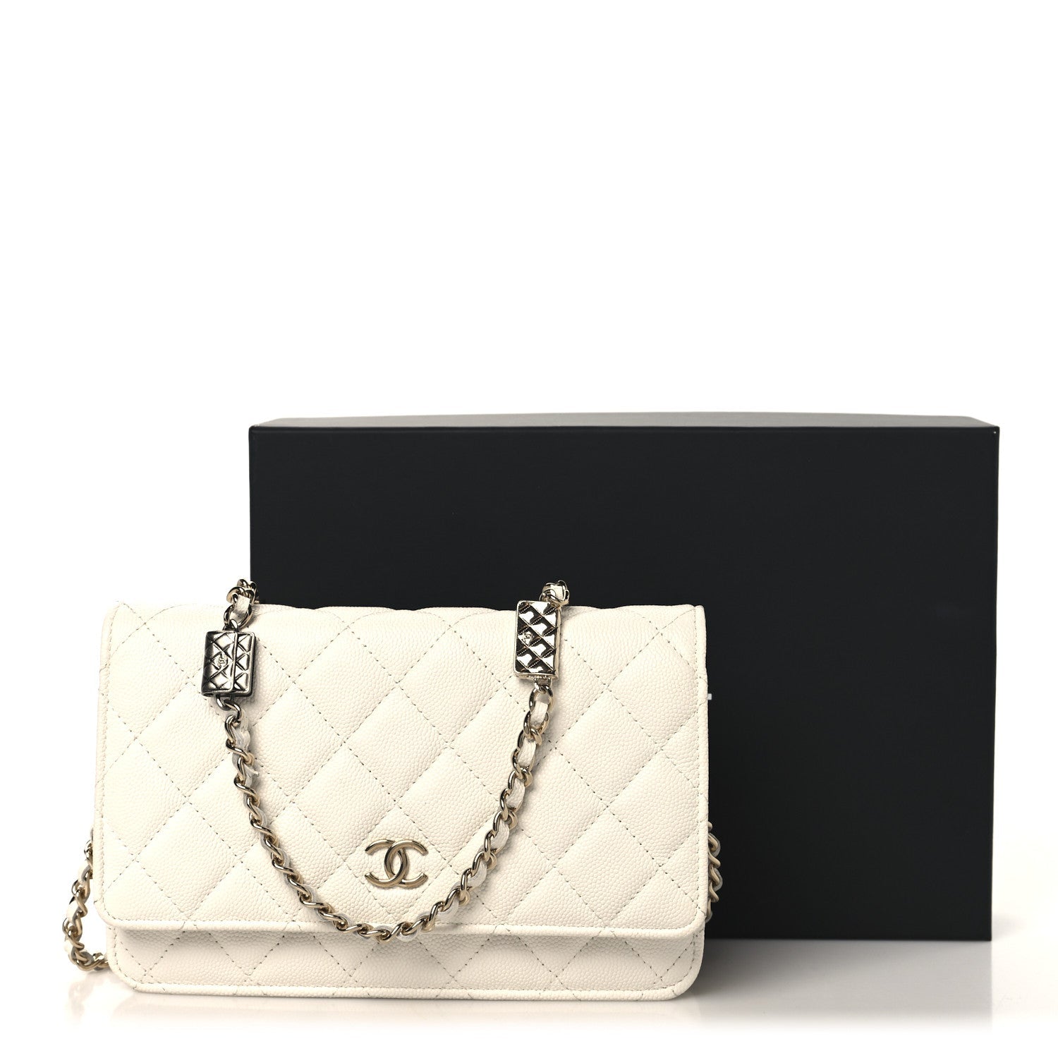 Shiny Caviar Quilted Flap Charm Wallet On Chain WOC White