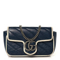 Vintage Effect Calfskin Matelasse Diagonal Super Mini Torchon GG Marmont Shoulder Bag Blue Agata Mystic White