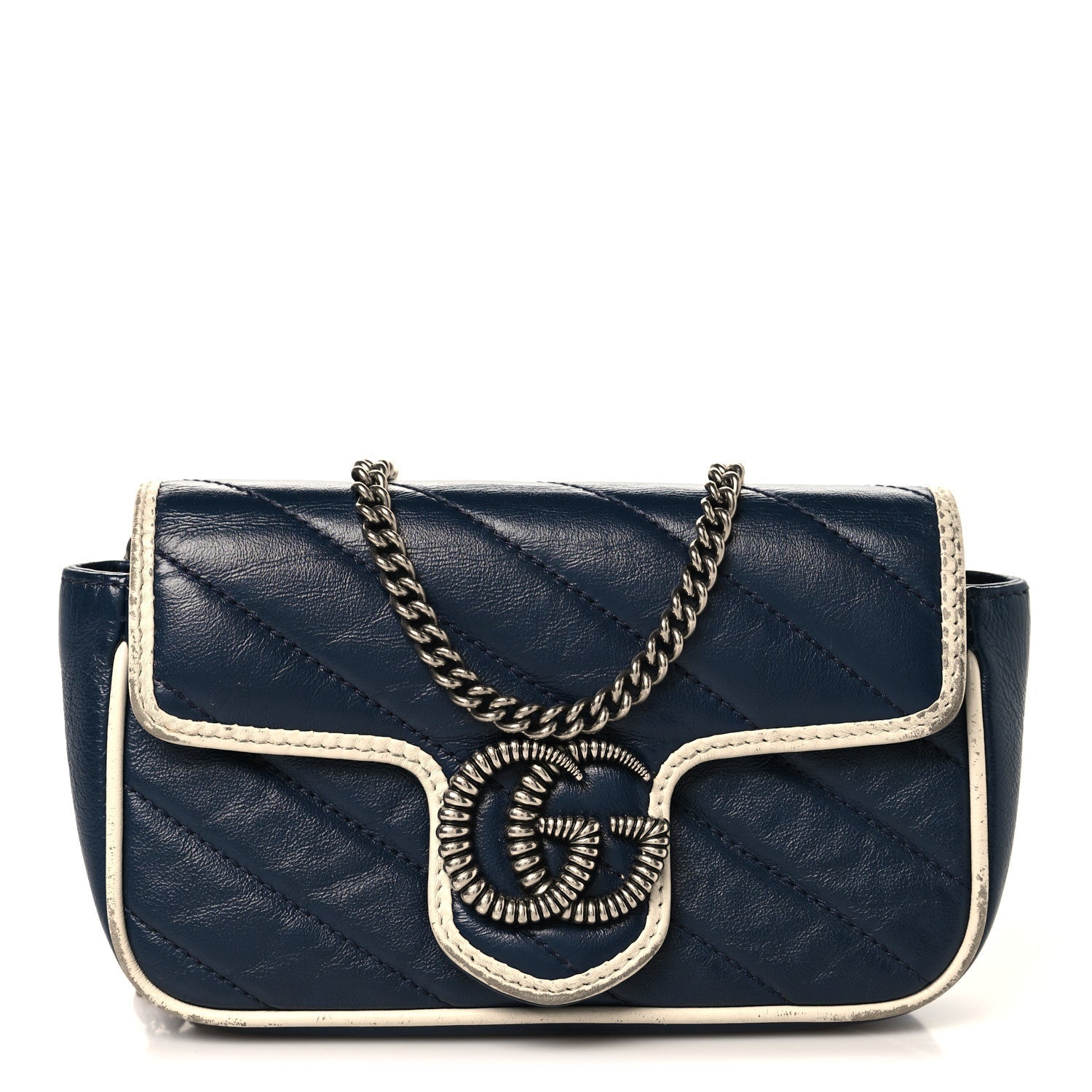 Vintage Effect Calfskin Matelasse Diagonal Super Mini Torchon GG Marmont Shoulder Bag Blue Agata Mystic White