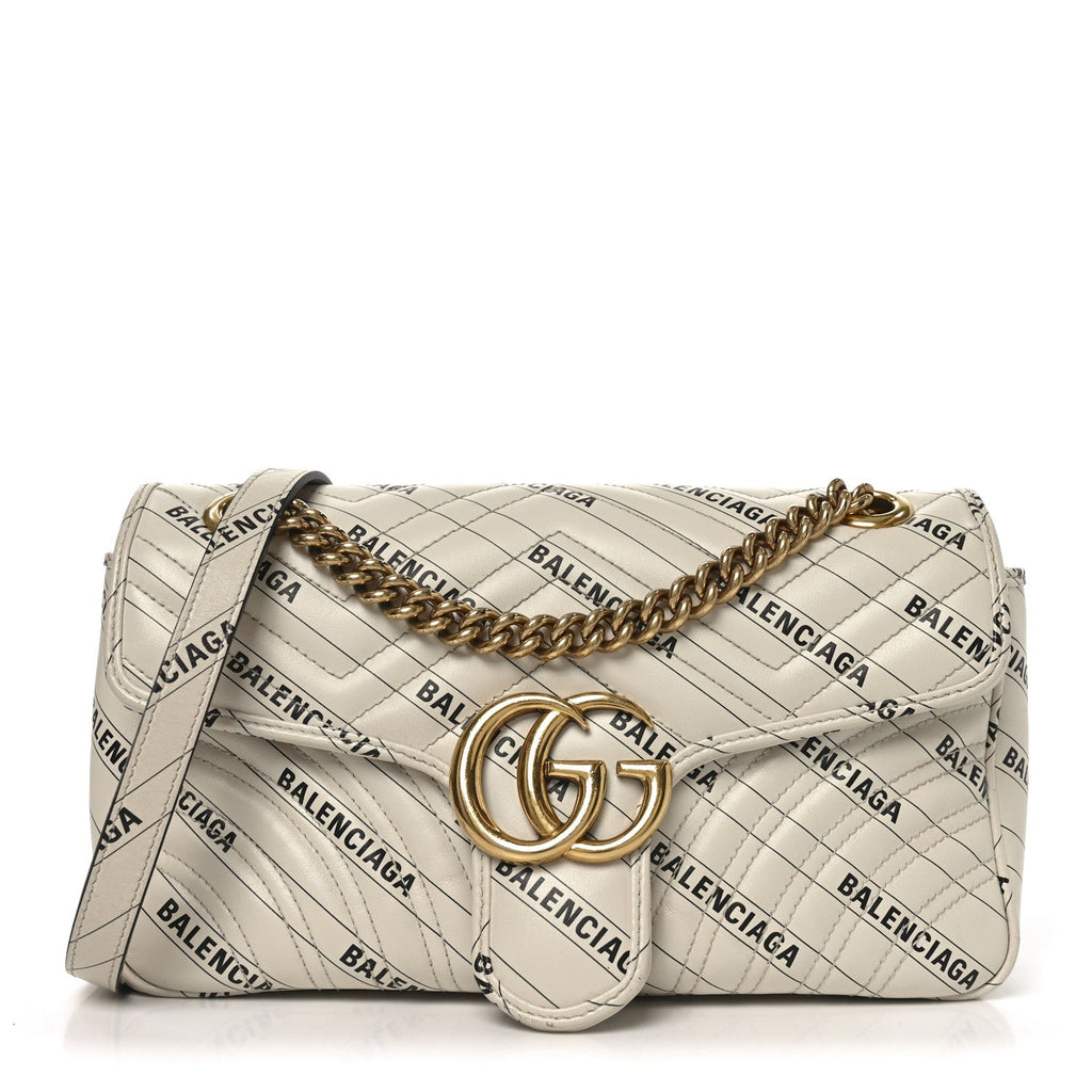 X BALENCIAGA Calfskin Matelasse Logo Print Small GG Marmont Shoulder Bag White