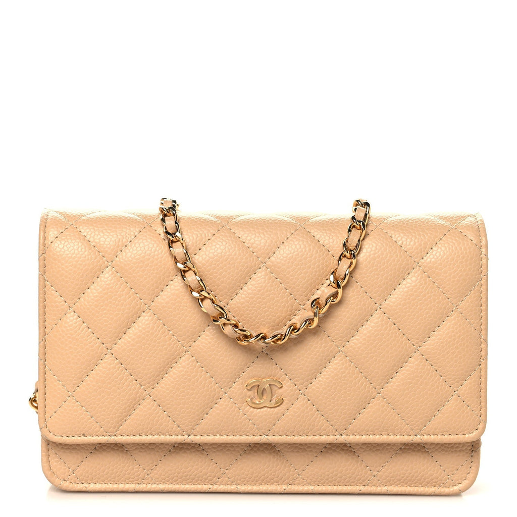 Caviar Quilted Wallet on Chain WOC Beige