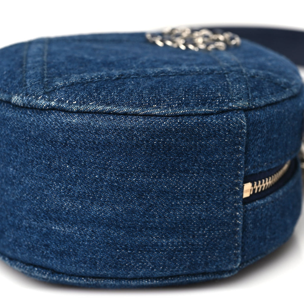 Denim Quilted Chanel 19 Round Clutch With Chain Blue