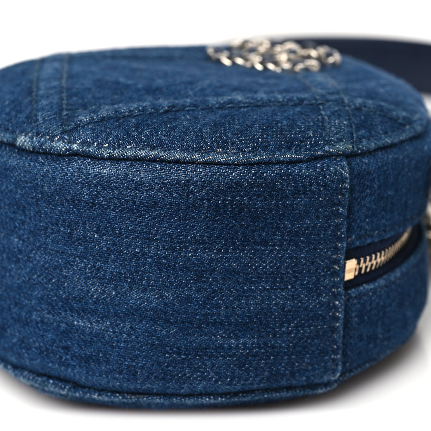 Denim Quilted Chanel 19 Round Clutch With Chain Blue