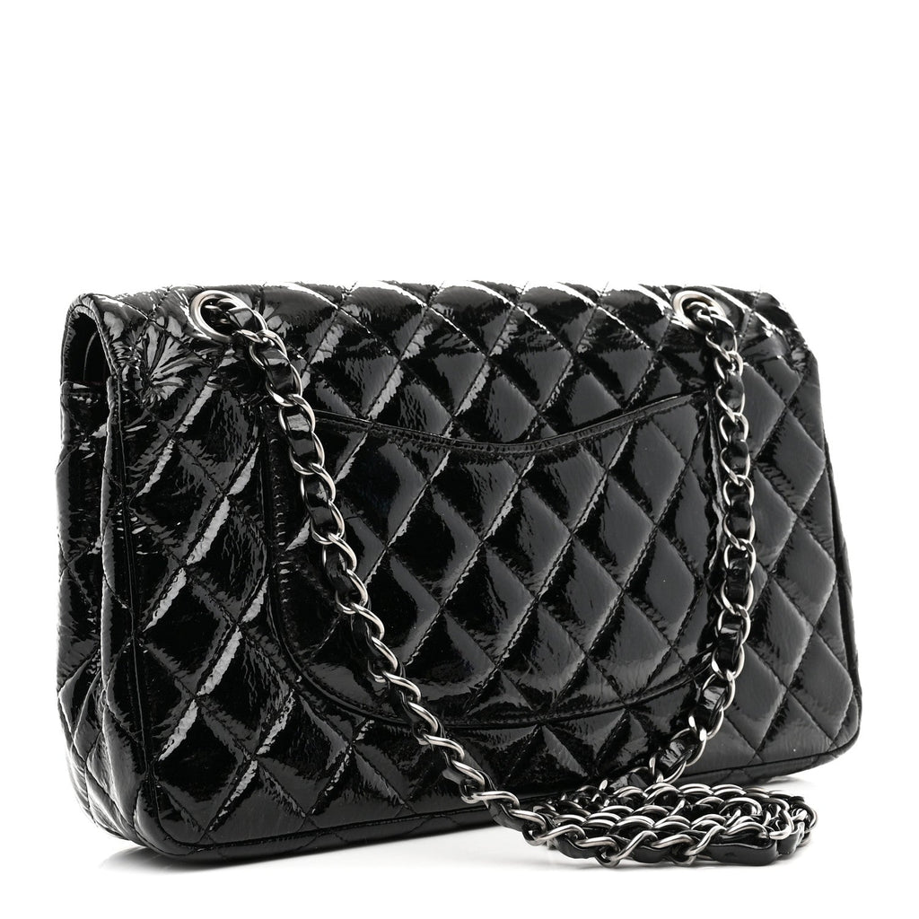 Distressed Patent Quilted Medium Double Flap Black