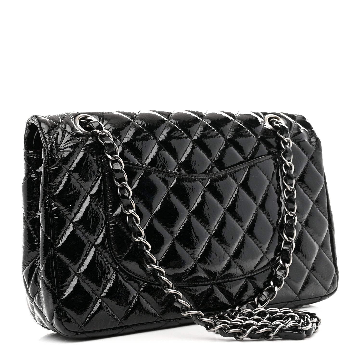 Distressed Patent Quilted Medium Double Flap Black