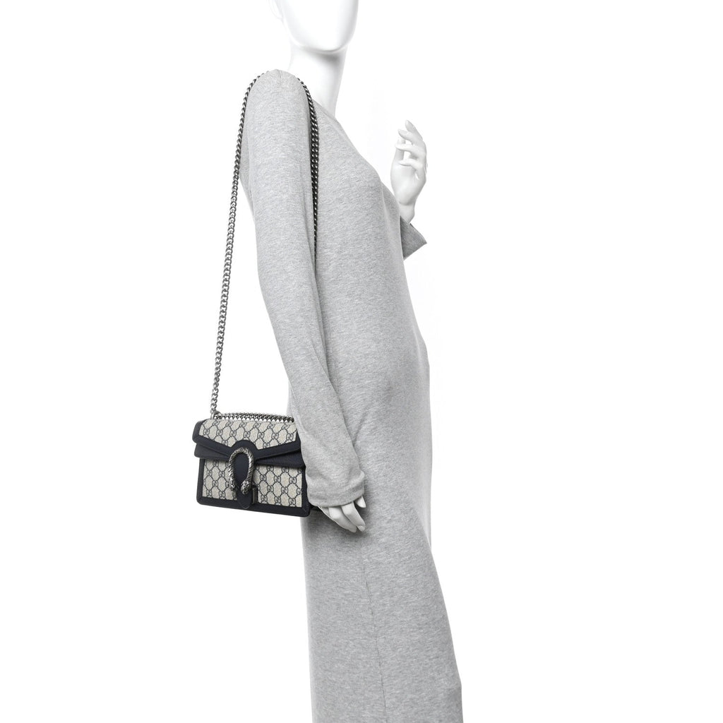 GG Supreme Monogram Textured Dollar Calfskin Small Rectangular Dionysus Shoulder Bag Beige Blue