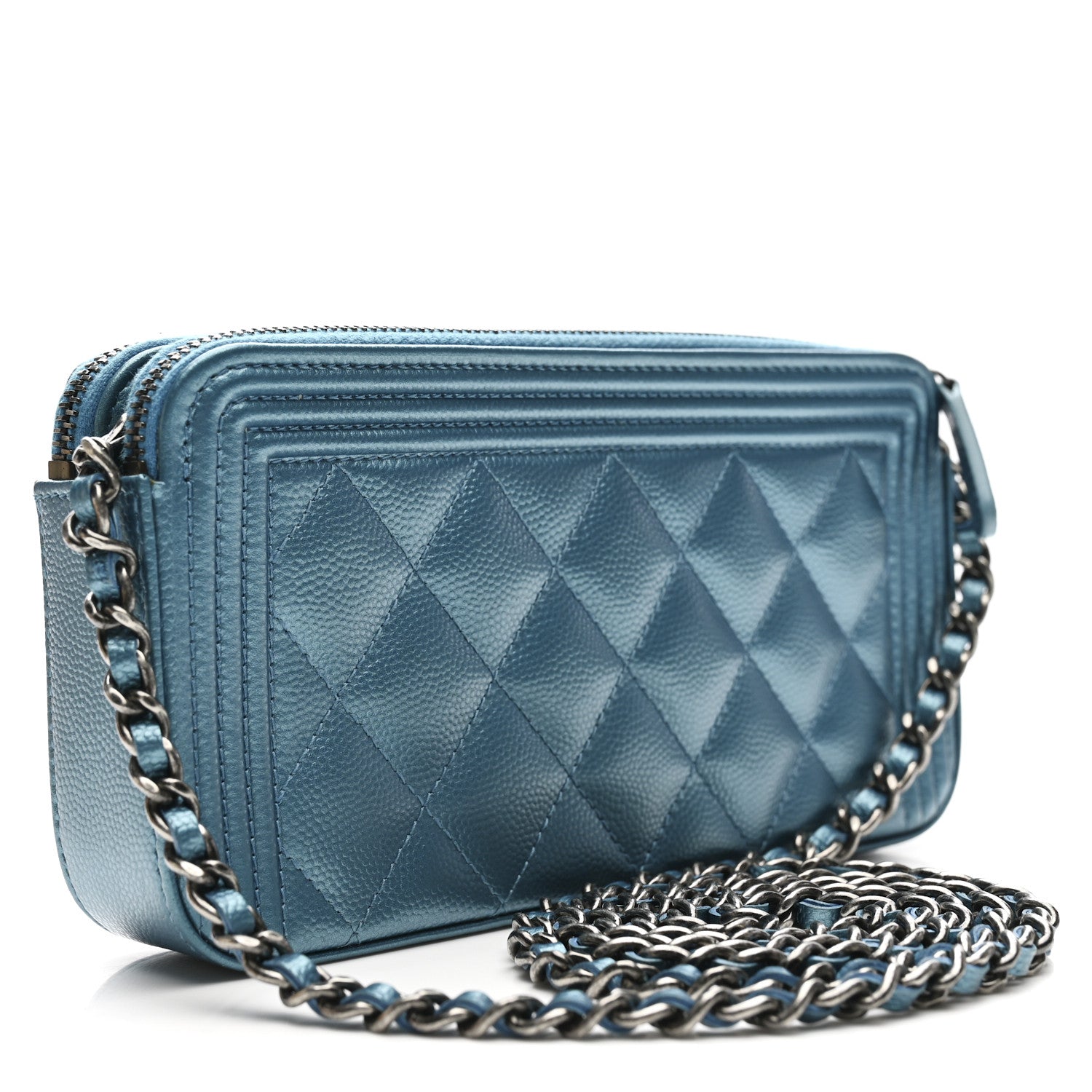 Metallic Caviar Quilted Small Boy Clutch With Chain Turquoise