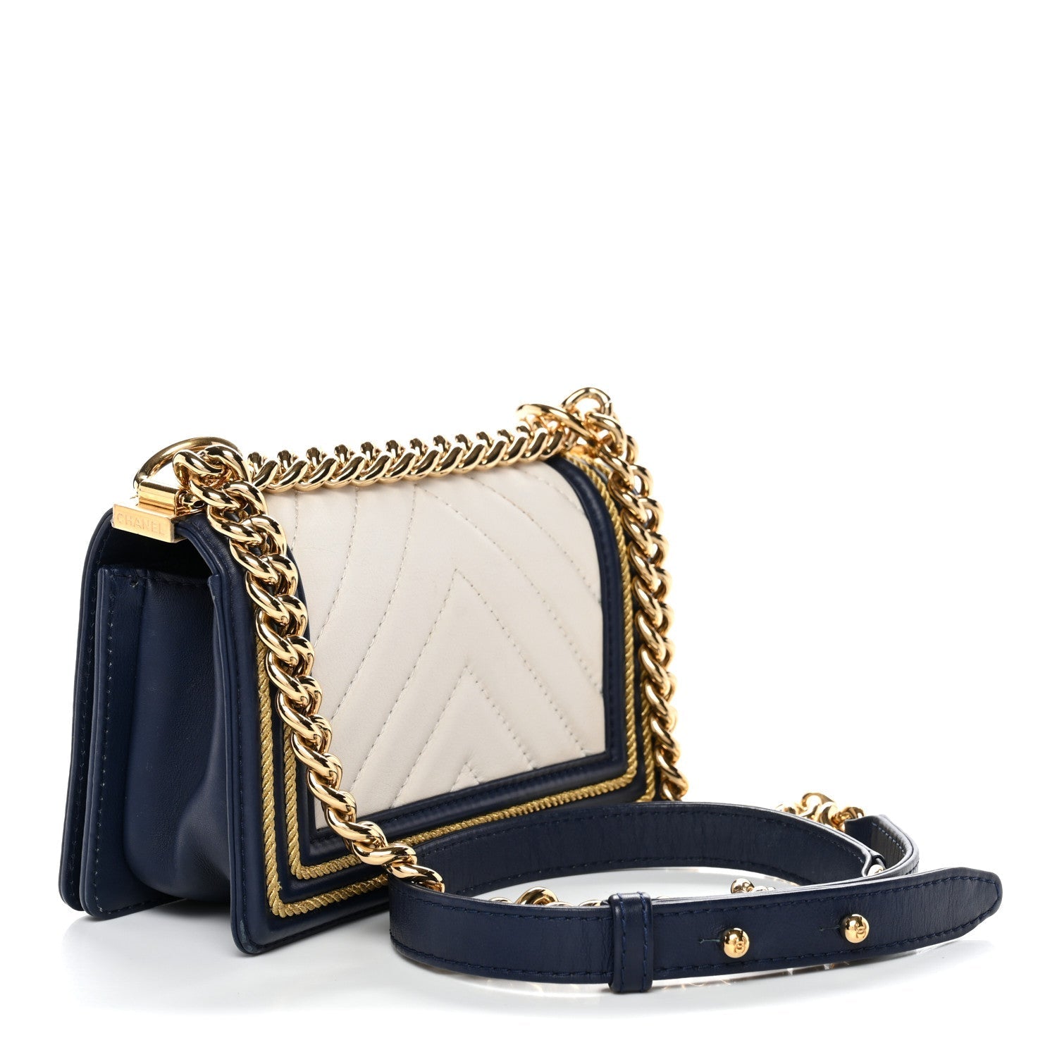 Calfskin Chevron Quilted Braided Small Boy Flap White Navy