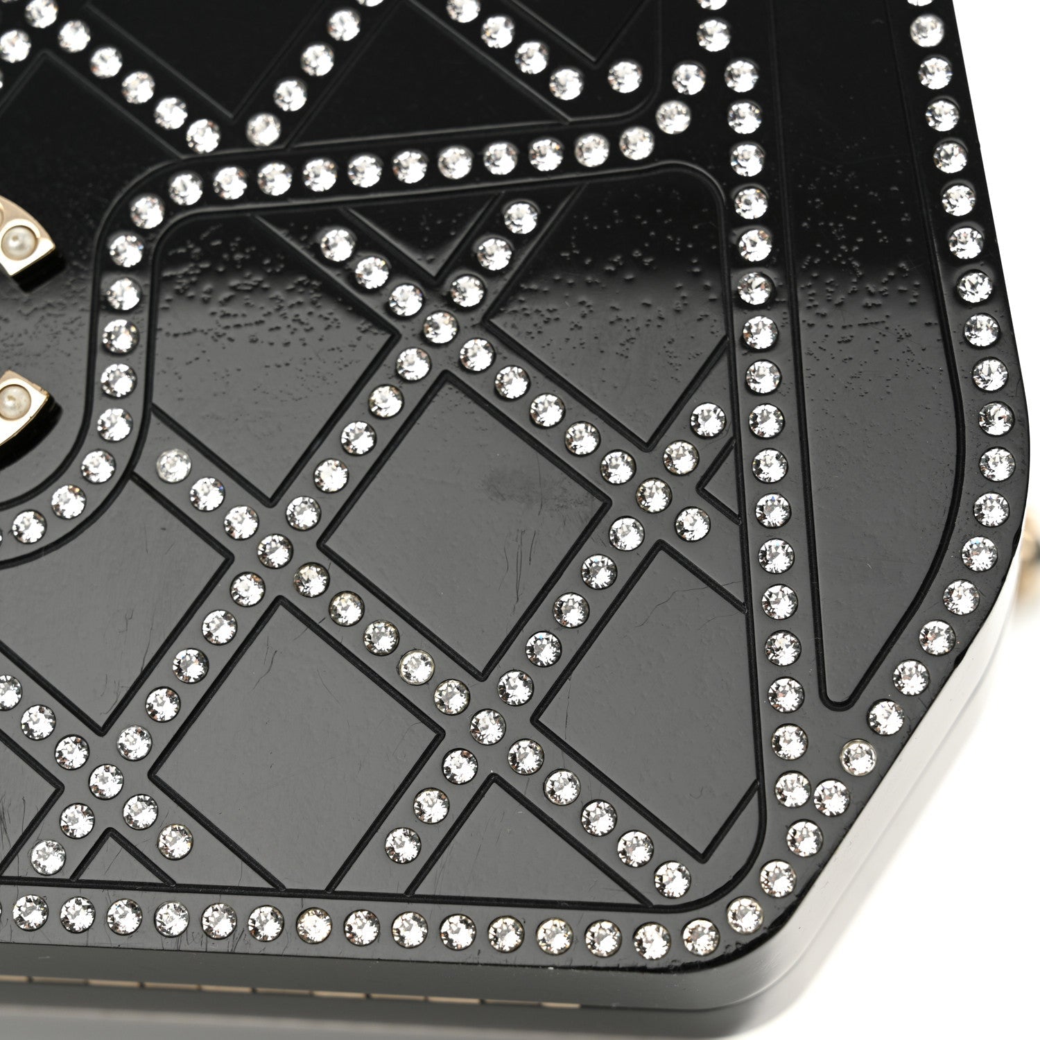 Plexiglass Crystal Quilted Minaudiere Clutch Black White
