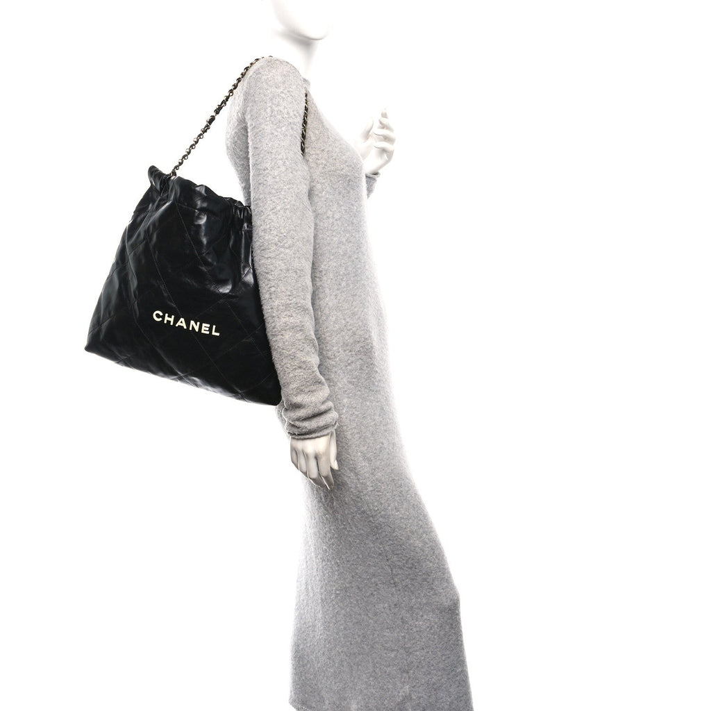 Shiny Calfskin Quilted Chanel 22 Black White