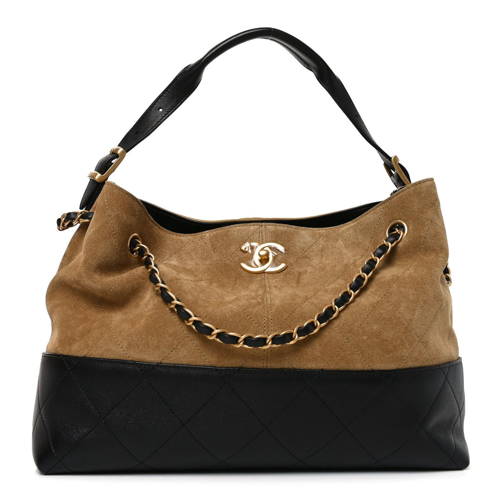 Suede Calfskin Shiny Lambskin Quilted Small Coco Base Shopping Bag Beige Black