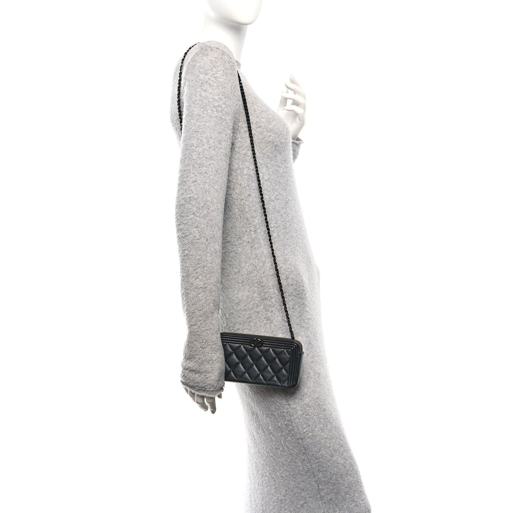 Lambskin Quilted Small Boy Clutch With Chain So Black