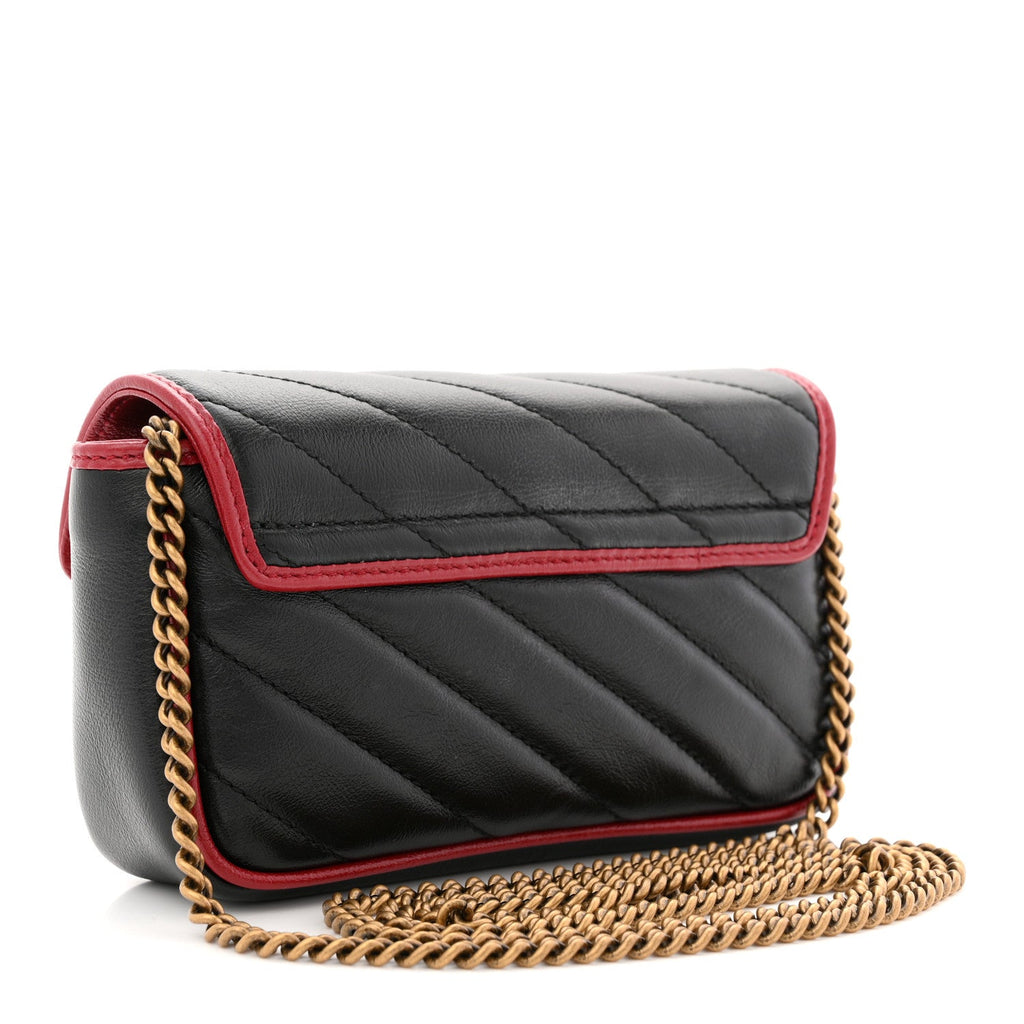 Vintage Effect Calfskin Matelasse Diagonal Super Mini Torchon GG Marmont Shoulder Bag Black Romantic Cherry