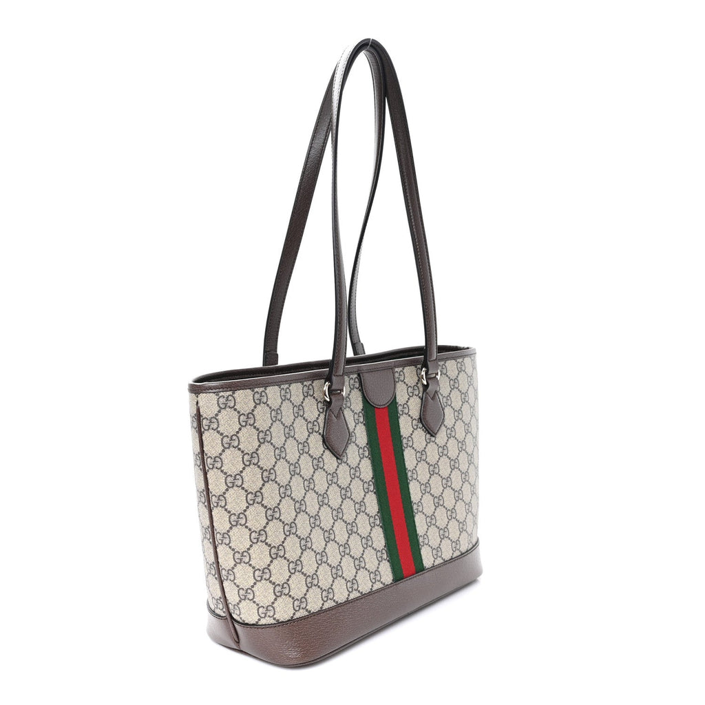 GG Supreme Monogram Textured Calfskin Web Small Ophidia Shoulder Tote Bag Beige Ebony New Acero