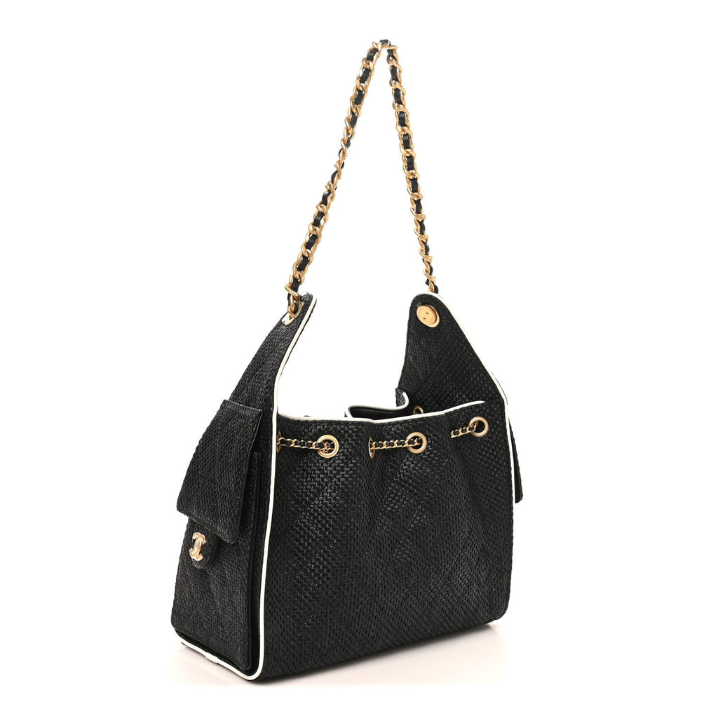 Braided Raffia Calfskin Quilted Small Chanel 25 Handbag Black White