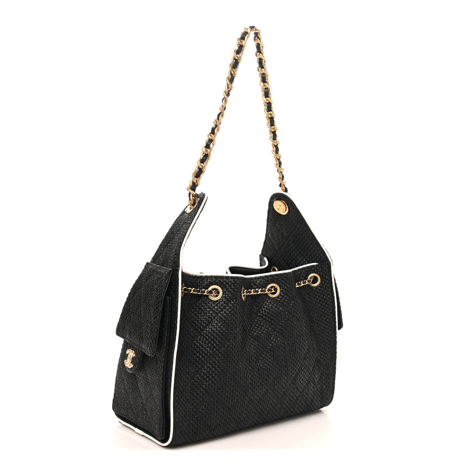 Braided Raffia Calfskin Quilted Small Chanel 25 Handbag Black White