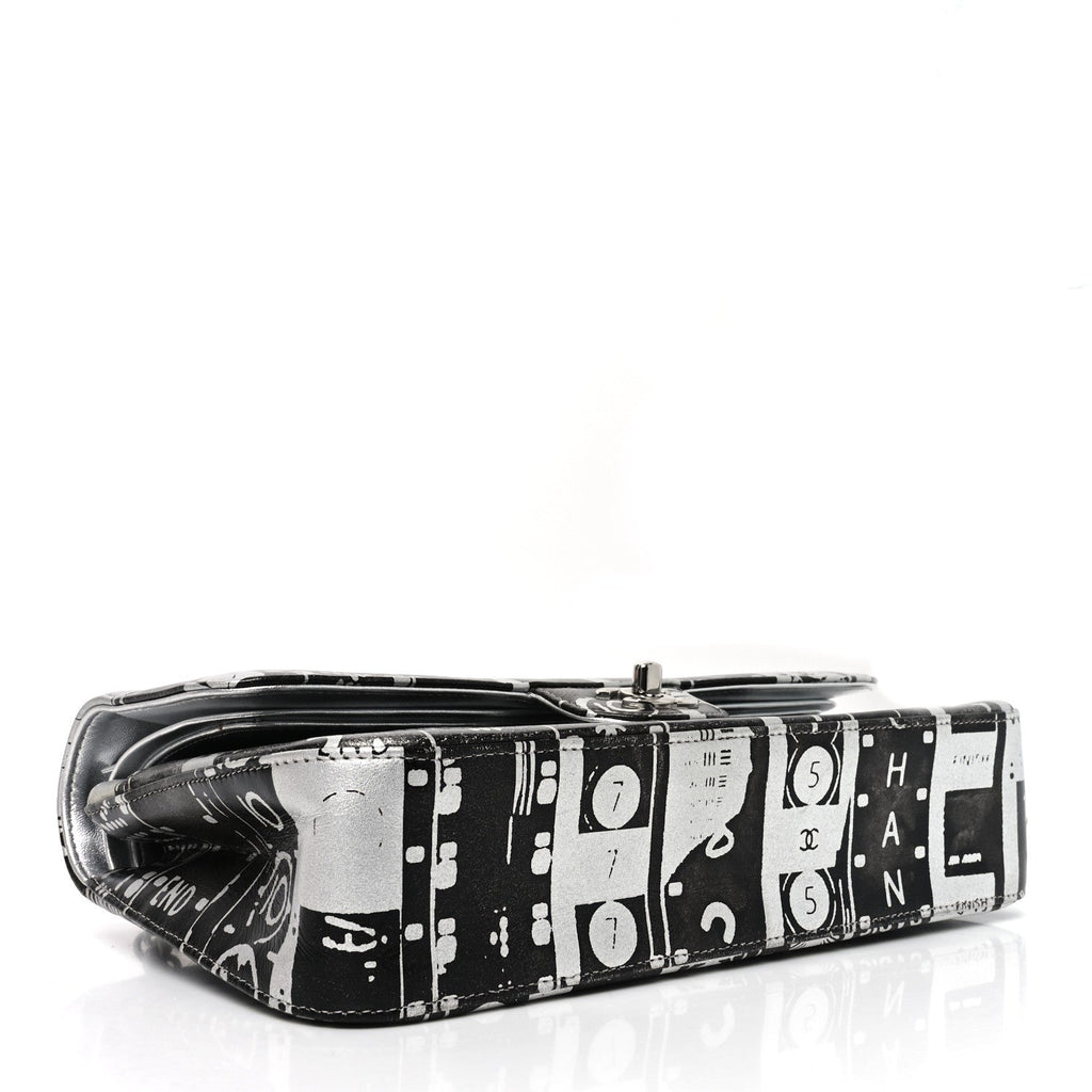 Lambskin Graffiti Printed Medium Double Flap Black Silver