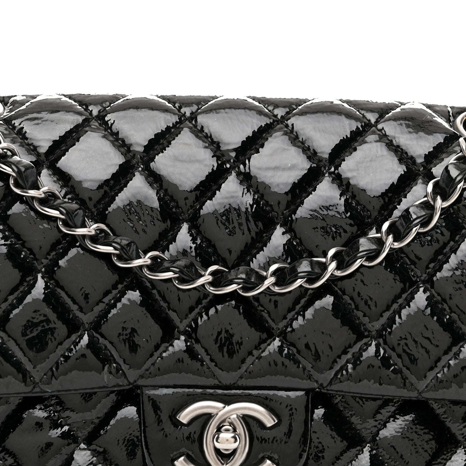 Distressed Patent Quilted Medium Double Flap Black