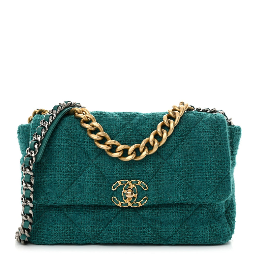 Tweed Quilted Large Chanel 19 Flap Green