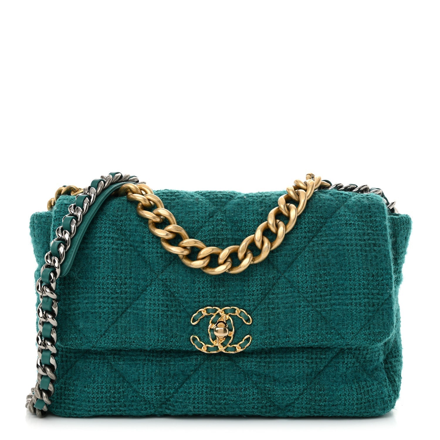 Tweed Quilted Large Chanel 19 Flap Green