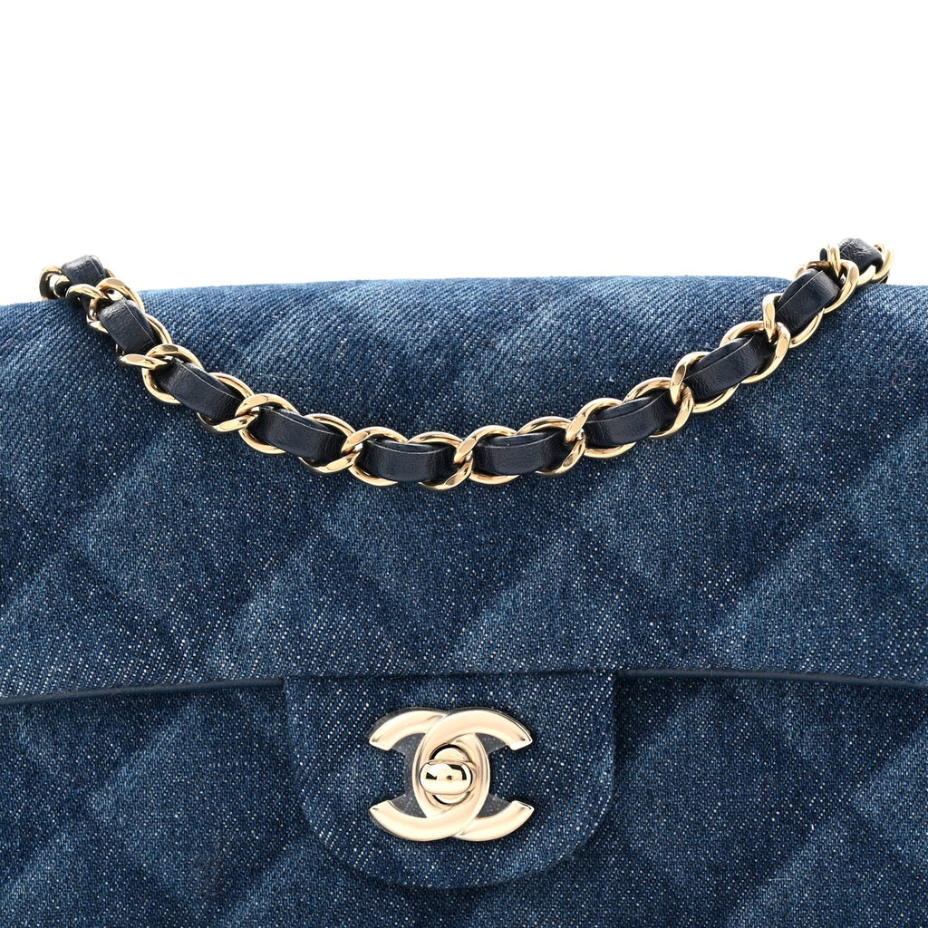 Printed Denim Quilted Mini Rectangular Flap Dark Blue
