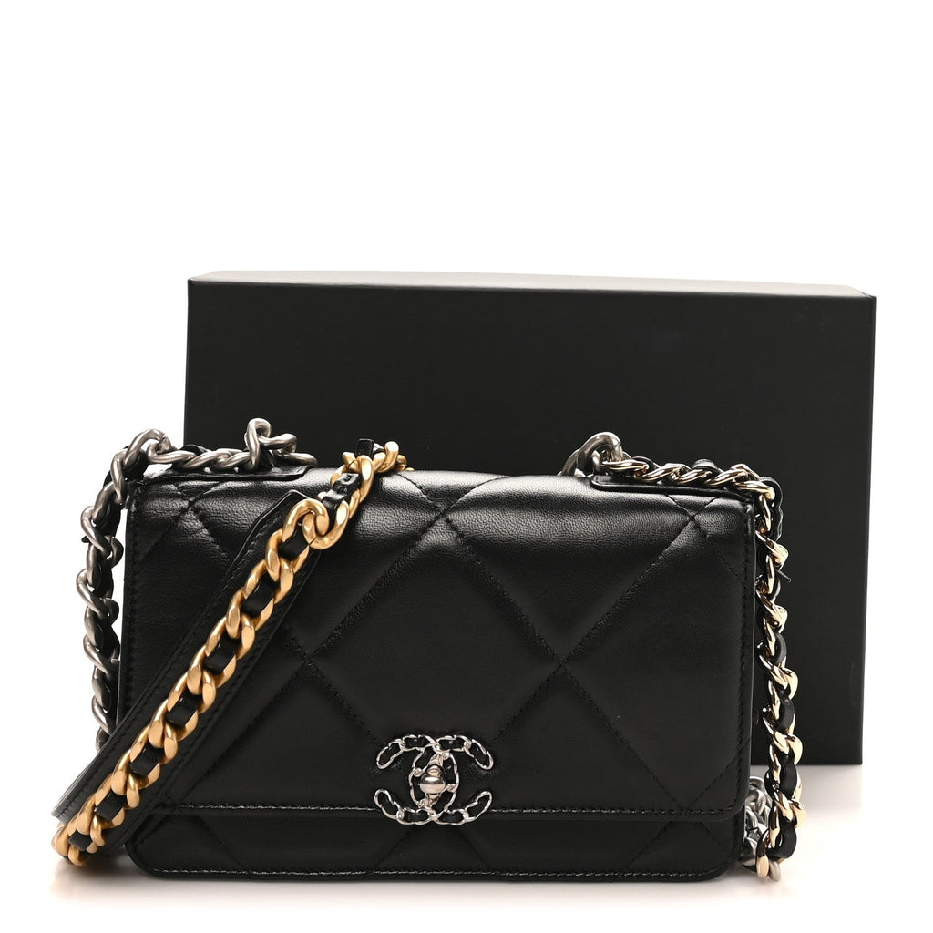 Lambskin Quilted Chanel 19 Wallet On Chain WOC Black