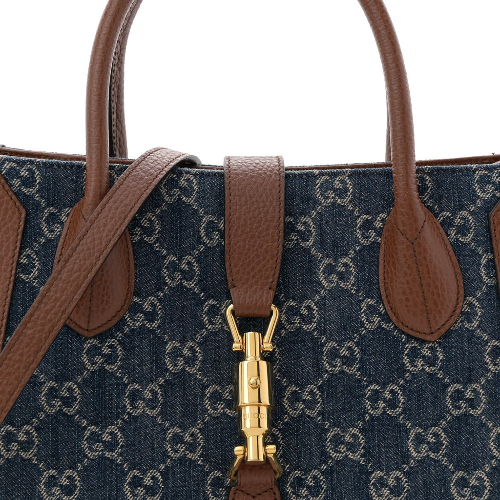 New Denim GG Monogram Dollar Calfskin Medium Jackie 1961 Tote Blue Tea Cuir Epilog