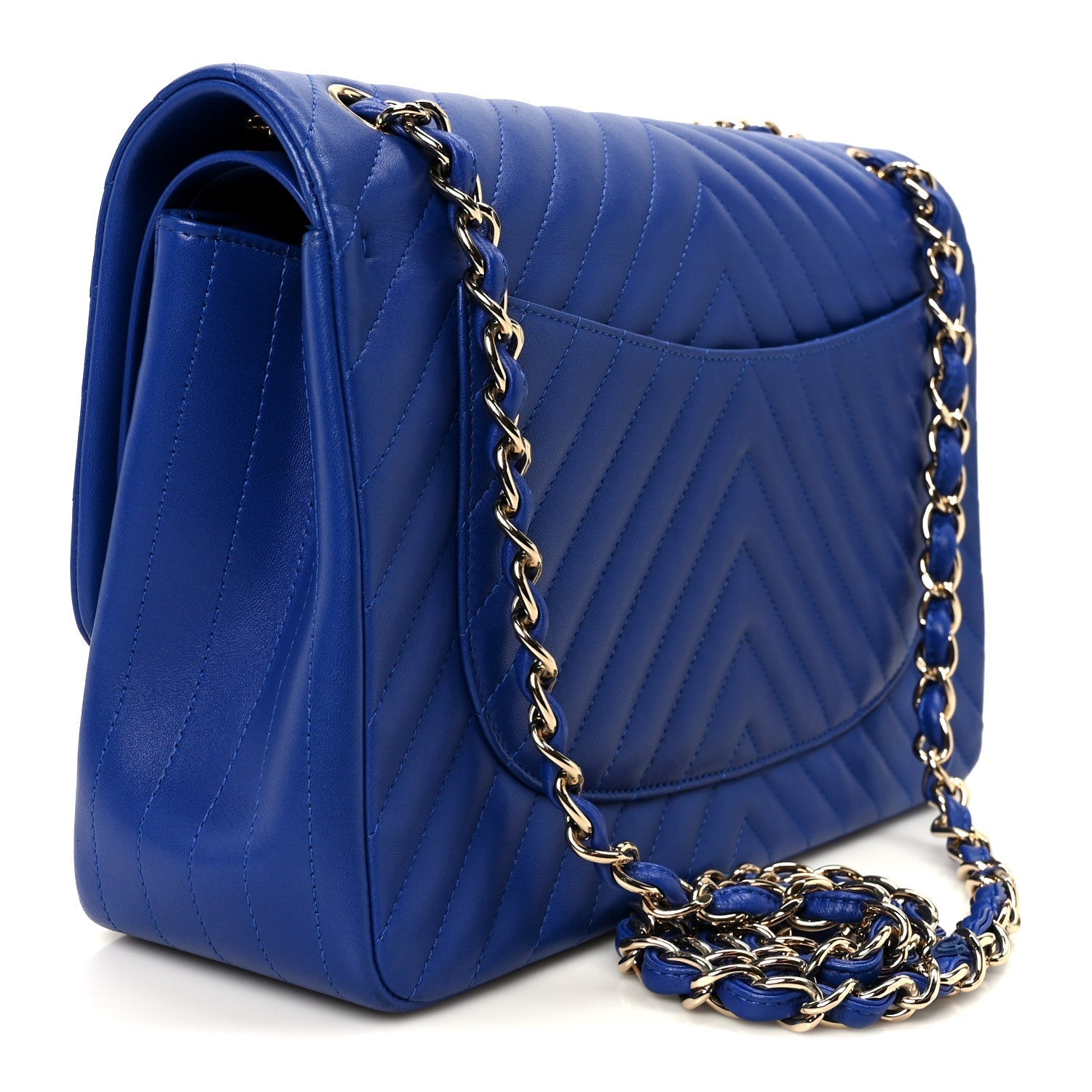 Lambskin Chevron Quilted Jumbo Double Flap Navy Blue