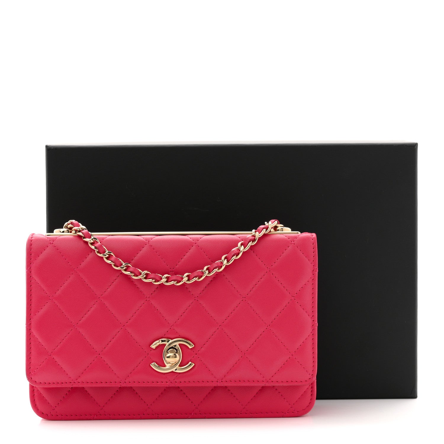 Lambskin Quilted Trendy CC Wallet On Chain WOC Dark Pink