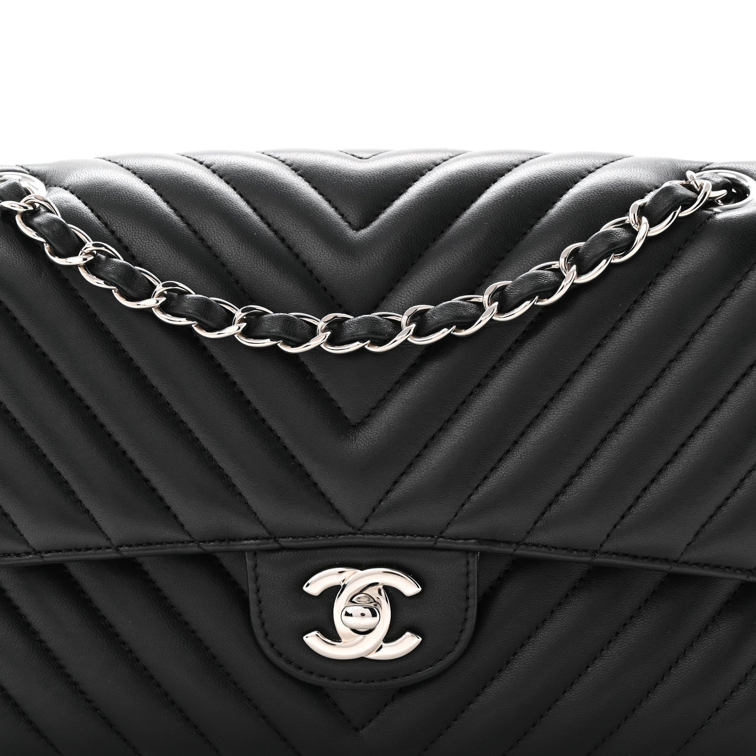 Lambskin Chevron Quilted Medium Double Flap Black