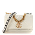 Shiny Crumpled Calfskin Quilted Chanel 19 Wallet On Chain WOC White