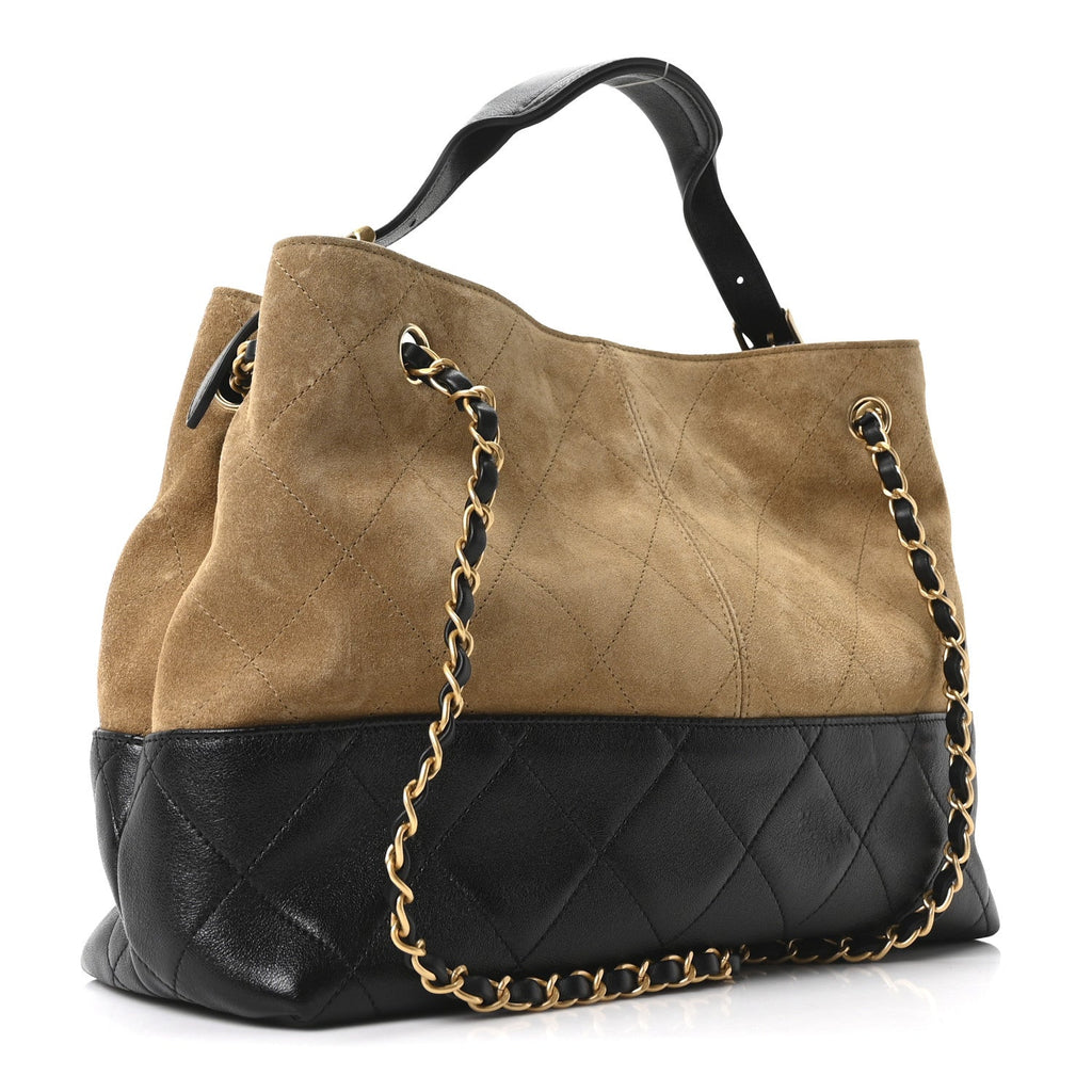 Suede Calfskin Shiny Lambskin Quilted Small Coco Base Shopping Bag Beige Black