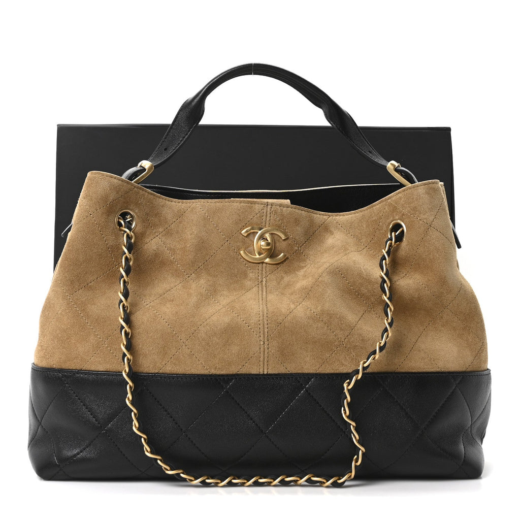 Suede Calfskin Shiny Lambskin Quilted Small Coco Base Shopping Bag Beige Black
