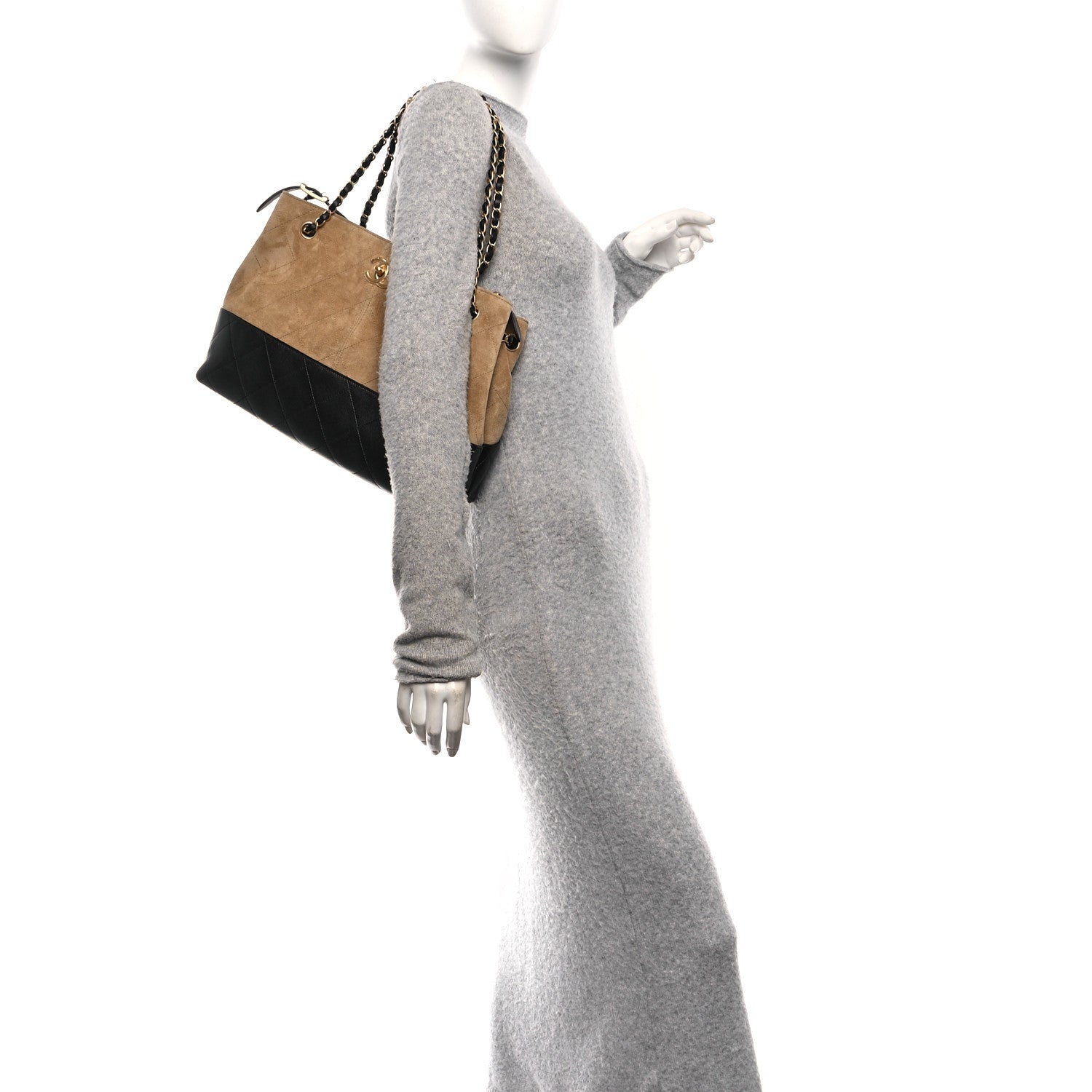 Suede Calfskin Shiny Lambskin Quilted Small Coco Base Shopping Bag Beige Black