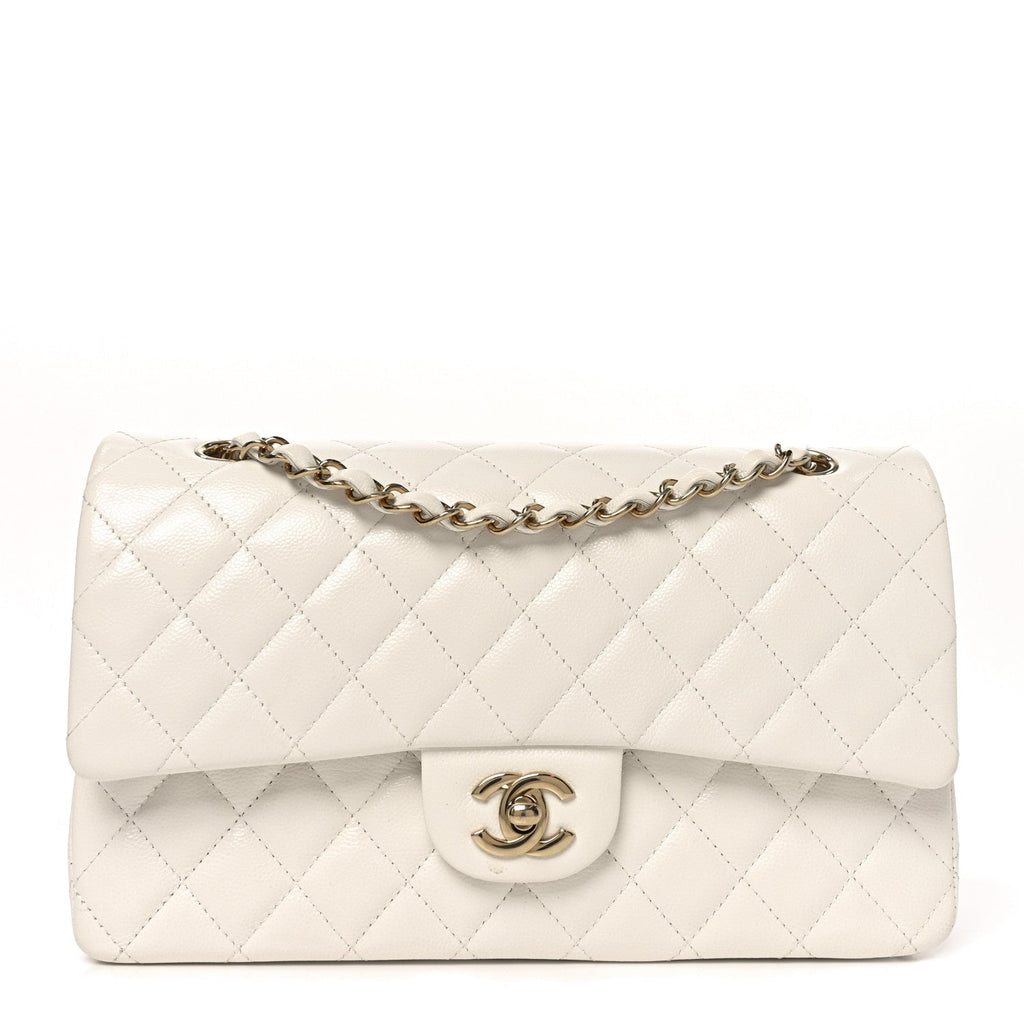Caviar Quilted Medium Double Flap White