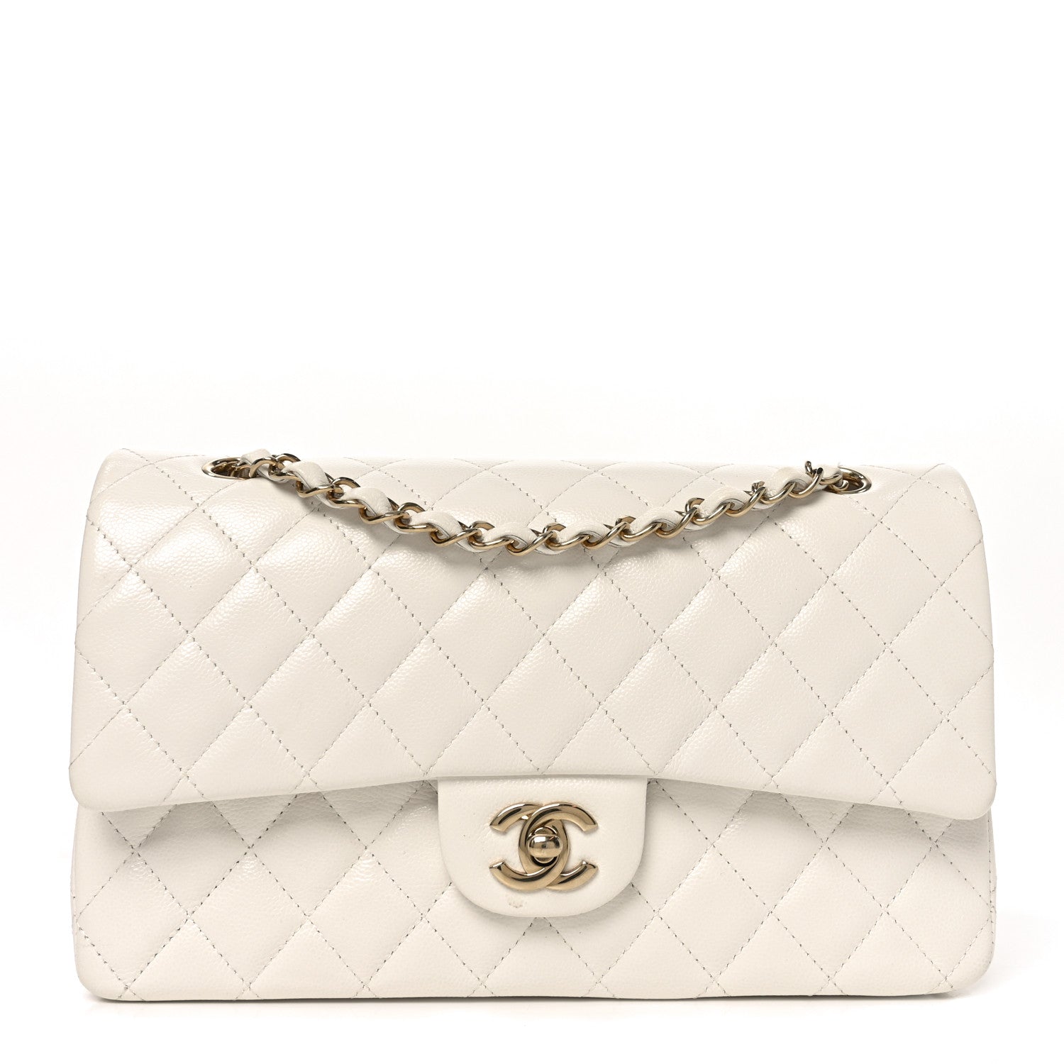 Caviar Quilted Medium Double Flap White