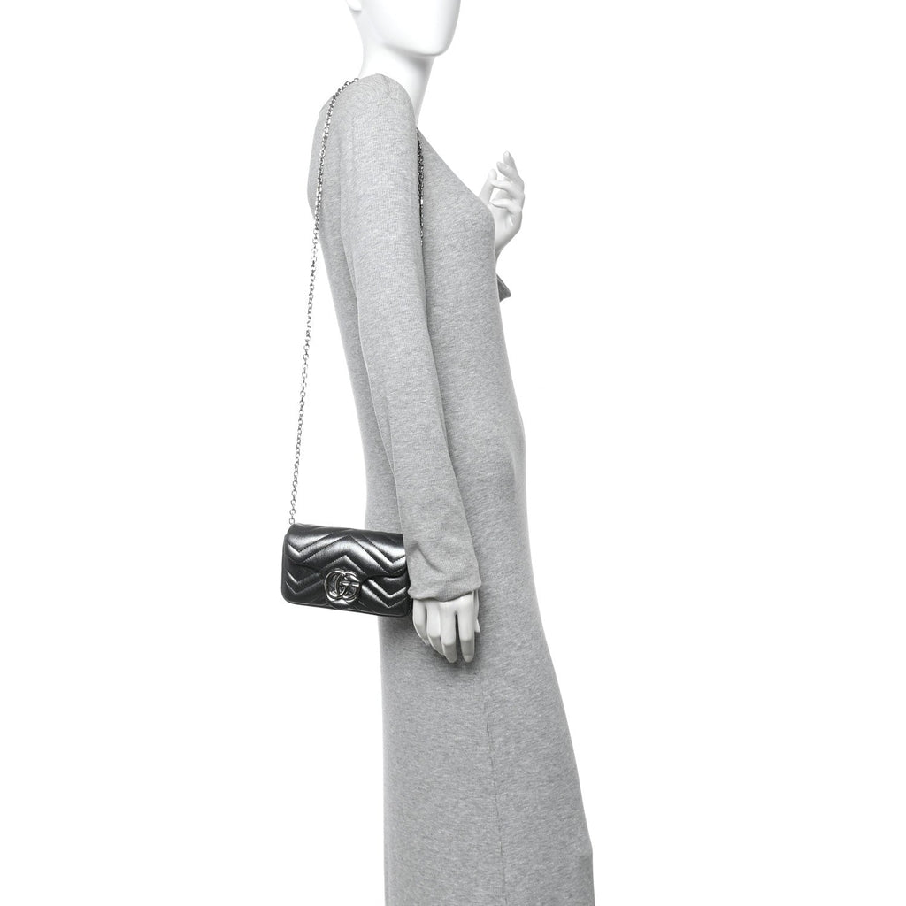 Metallic Lambskin Matelasse Mini GG Marmont Shoulder Bag Piombo