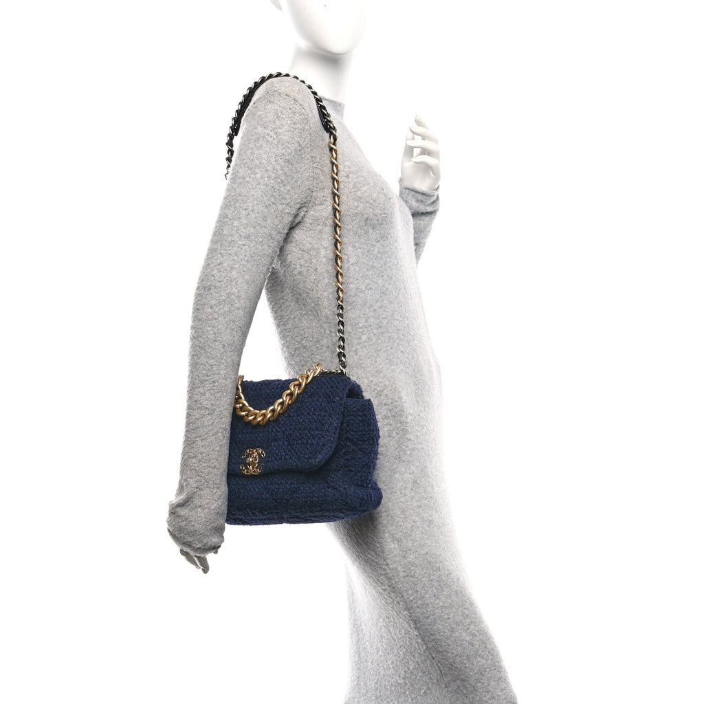 Tweed Quilted Large Chanel 19 Flap Navy Blue