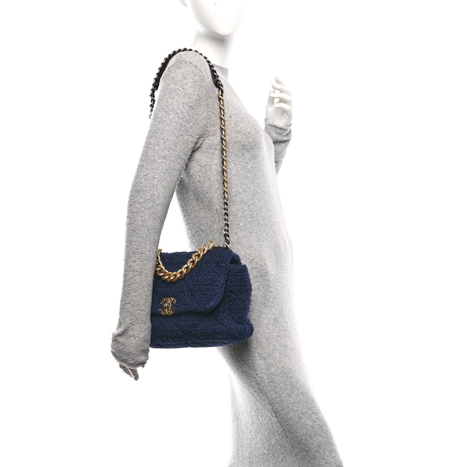 Tweed Quilted Large Chanel 19 Flap Navy Blue
