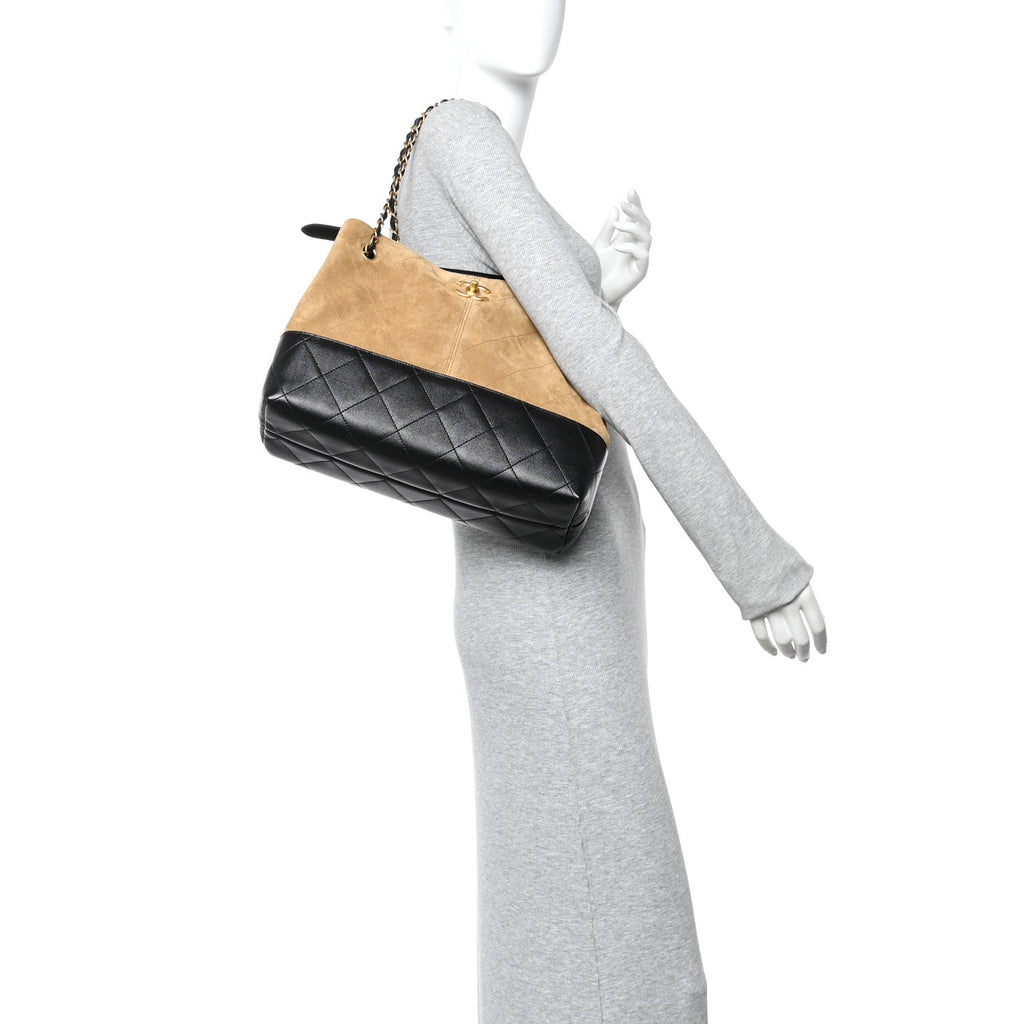 Suede Calfskin Shiny Lambskin Quilted Small Coco Base Shopping Bag Beige Black